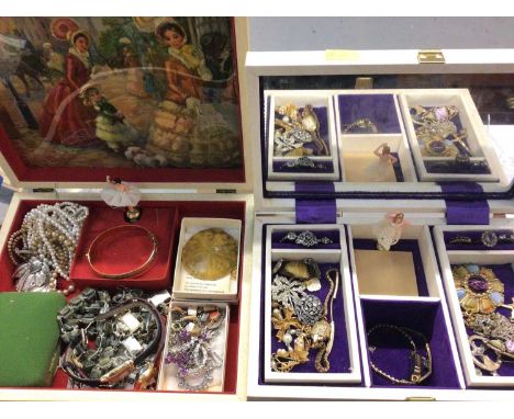 Two jewellery boxes containing 18ct gold sapphire seven stone ring, two 9ct gold gem set dress rings, other costume jewellery