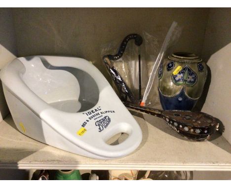 Various ceramics and glass, neopolitan mother of pearl and tortoiseshell miniature instruments and an oak cased barometer