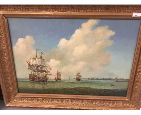 English school oil on panel, naval scene in gilt frame and decorative pictures