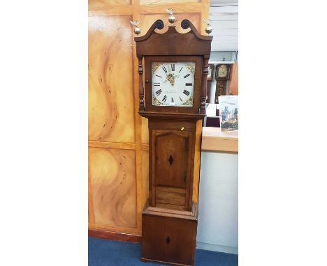 Nineteenth century 30 hour longcase clock with white enamel dial by J. Orams of West Haddon, weight and pendulum present