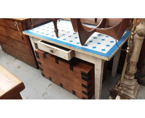 Enamel topped kitchen table with single drawer on square taper legs, 131cm wide, 72.5cm deep, 75cm high