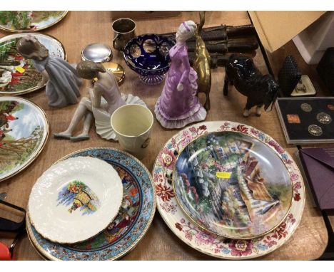 Sundry items, including Nao, Coalport and Beswick figures, American clock, jet brooch, etc