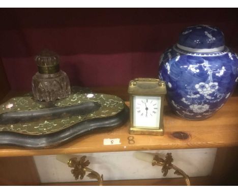 Late Victorian inkstand, together with a Chinese blue and white ginger jar and cover and a brass carriage clock