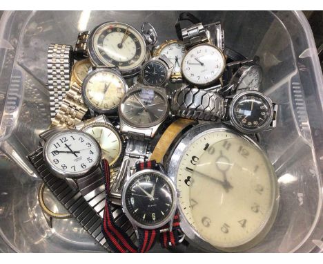 Group of vintage wristwatches, miniature carriage clock, stopwatch etc