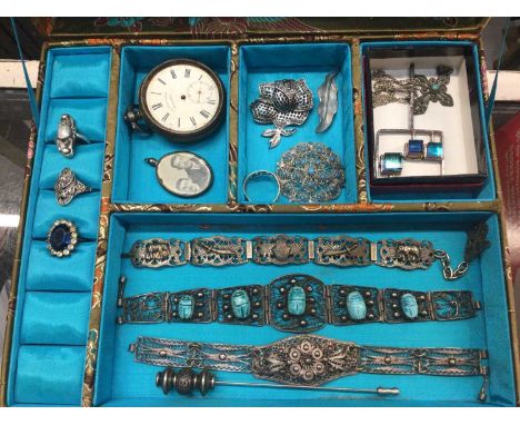 Jewellery box containing silver and other jewllery, two white metal pin dishes, silver cased pocket watch, Dunhill gold plate