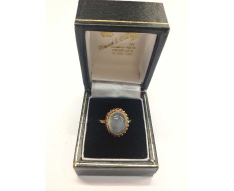 9ct gold moonstone cabochon ring, size S½In good overall condition with no scratching to the stone, shank is Hallmarked for B