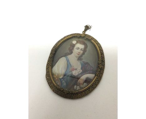 18th century style miniature portrait of Flora Macdonald in pierced brass frame, 10.5cm x 8cm