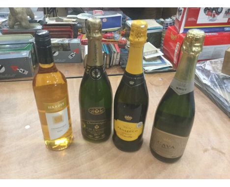 Wines- one bottle of Cava, one bottle of champagne, one bottle of Prosecco and a bottle of Chardonnay (4)
