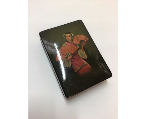 Russian lacquered snuff box, hand painted with a girl holding fans, signed and dated, 11cm x 8cm