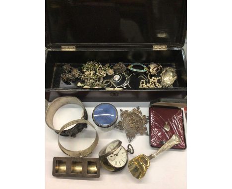 Group of silver jewellery and silver items including caddy spoon, stamp holder, bangles, pocket watch etc