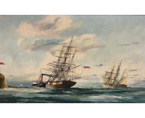 Peter Whittock, oil on canvas, seascape with vessels off a pier, signed, 45 x 75cm, framed 