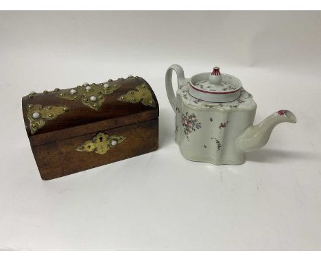 Victorian walnut tea caddy together with a Newhall teapot and cover (restored). (2)
