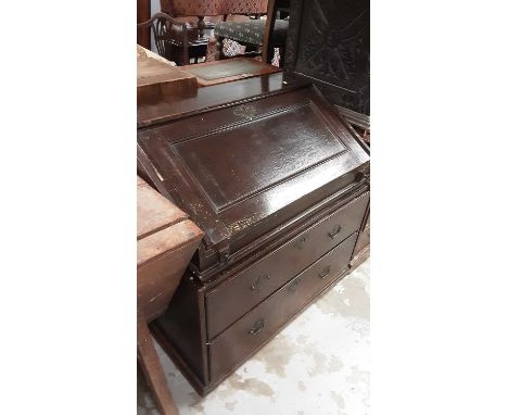 18th century oak bureau on associated base, the well slide with oil painting to underside of panel, 92cm wide, 58.5cm deep, 9