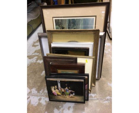 Group of pictures, including a Louis Wain print, a portrait of a girl, a 19th century reverse print on glass 'The Woman of Sa