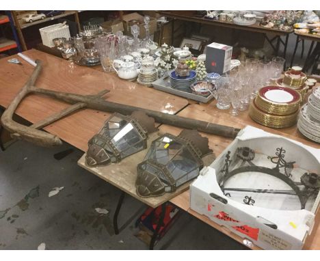 Pair of wall lights, an old wooden plough and iron chandelier