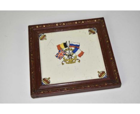 First World War tranfer printed tile, depicting the allied flags, captioned 'For right and freedom', 19.5 x 19.5cm.