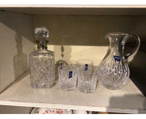 Mappin &amp; Webb cut glass decanter with silver collar together with four matching Stuart Crystal tumblers in box, together 