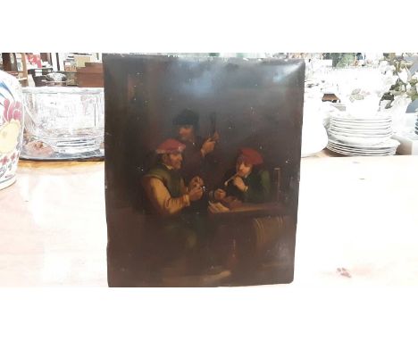 19th century Dutch oil on tin panel depicting a tavern interior with figures, together with four other pictures (5)
