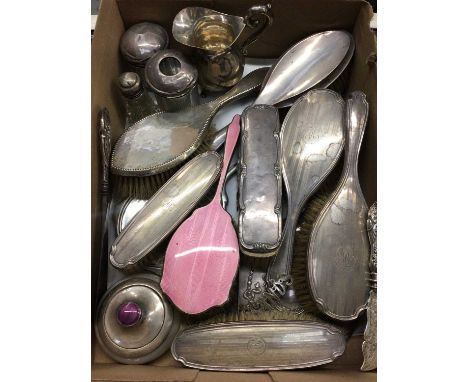Selection of silver backed dressing table items, silver topped glass vanity jars, toddy ladle and other items