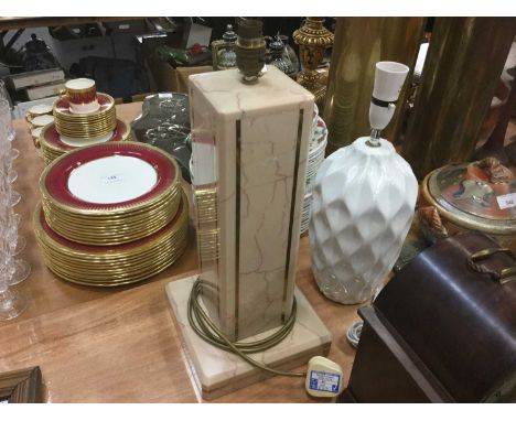 Contemporary marble table lamp with inlaid brass decoration, 47cm in height and a Contemporary white glazed ceramic table lam
