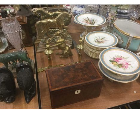 Pair of brass models of horses, together with a mahogany tea caddy and brass fire dogs.