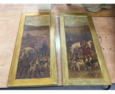 Two Edwardian over painted hunting scenes79cm x 36cm including the frames. 68cm x 26cm excluding frames