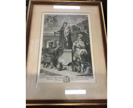 Group of prints, including a 19th century framed print of Holkham Hall, a framed print of Caius College, and an 18th century 