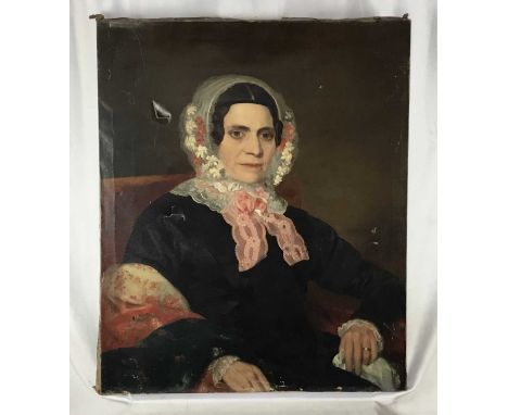 19th century oil on canvas - portrait of a lady wearing a bonnet, 64cm x 77cm unframedProvenance: Creech Grange, Dorset