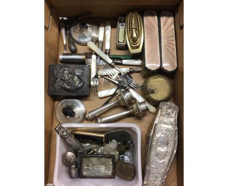Silver backed enamelled dressing table brushes, other silver and white metal items, cutlery, Chinese box, table lighter and s