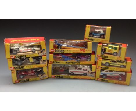 Corgi Toys - Whizzwheels, gift set 26 Beach Buggy & sailing boat;   150 Surtees T S 9 F1 racing car; 151Yardley Mclaren M19A;