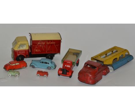  A Chad Valley Tinplate Clockwork British Railways Container Lorry, red and cream livery, black hubs;  a 1920s tin plate car 