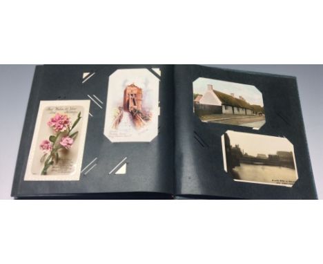 Postcards, album, Edwardian and George V, topo including River Don in Flood, European including novelty embossed; Cigarette C