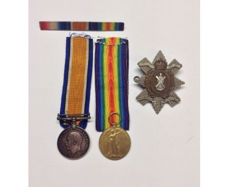Medals, World War One, Pair, GS-15142, Pte. W.ABBERTON, R. FUS; ribbon bar; cap badge 