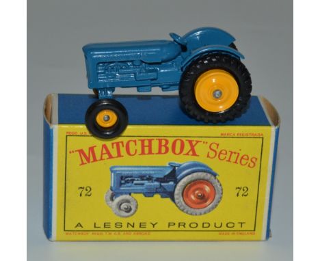 Lesney Matchbox 1-75 series 72 Fordson Tractor, in blue, yellow hubs, boxed
