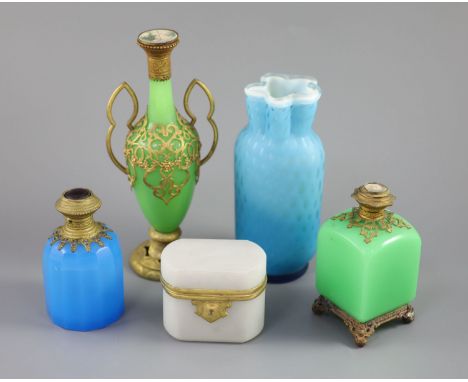 A group of French coloured opaline glass with gilt metal mounts and a satin glass vase, tallest 23.5cmPlease note 5% Import d