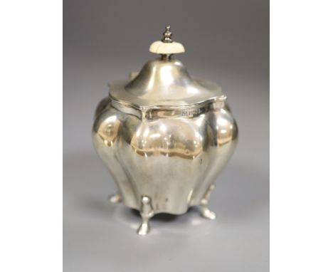 An Edwardian silver tea caddy, James Deakin &amp; Sons, Sheffield, 1903, with ivory knop, 13.2cm, gross 5.5oz.CONDITION: Thre