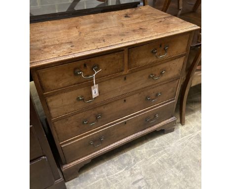 A George II fruitwood chest of two short and three long drawers, with brass drop handles, on bracket feet, width 90cm, depth 