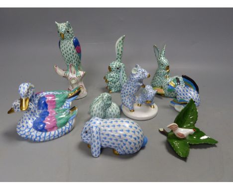 Eight Herend 'fishnet' design models of birds and animals, blue and green colourways, comprising a group of two mice, an owl 