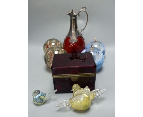 A late 19th century Bohemian ruby glass casket, a Victorian ruby glass and electroplate claret jug, a pair of glass candle ho