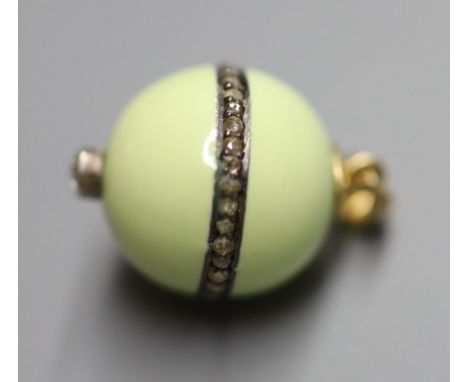 An 18ct, pale green enamel and rose cut diamond set globular pendant, 15mm, gross weight 4.4 grams.CONDITION: Overall good co