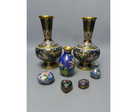 A pair of Chinese cloisonne enamel vases and other similar items, tallest 21cm (7)