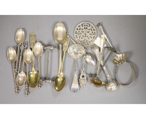 A set of six Victorian silver cupid finial coffee spoons and sundry decorative spoons including two Russian, 8oz.