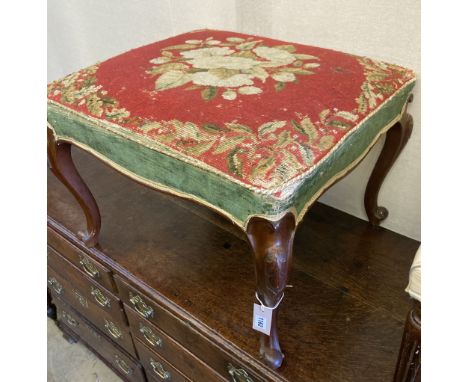 A Victorian walnut dressing stool with tapestry seat, width 66cm, depth 60cm, height 48cm