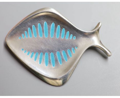 A Georg Jensen 925 and pale blue enamel stylised fish brooch, design no. 343, 57mm, gross 20.3 grams.CONDITION: A few very mi