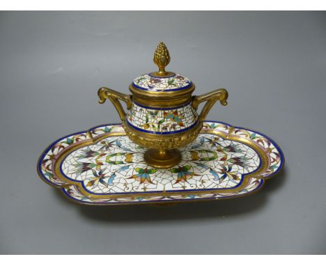 A 19th century French champleve enamel ink stand, length 24cm