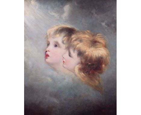 REUBEN SAYERS (1815-1888) oil on canvas - two cherubs' heads within sky background, gazing towards shaft of light, signed, 52