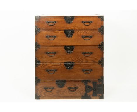 antique Japanese "Tansu", a (traveler's) chest of drawers with five drawers and a small door &amp; with typical mountings in 