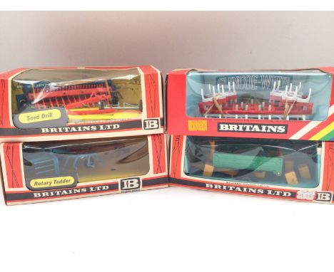4 Boxed Britains Farming Implements. A Seed Drill #9539. A Rotary Tedder #9541. A Fold up Cultivator #9550 and a Tipping Trai