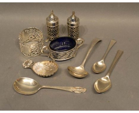 A Birmingham Silver Caddy Spoon of scallop form, together with various silver spoons and condiments 