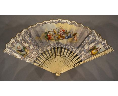An 18th Century Spanish Fan with a lithograph depicting classical figures with blue and gilt on the reverse, with carved stic